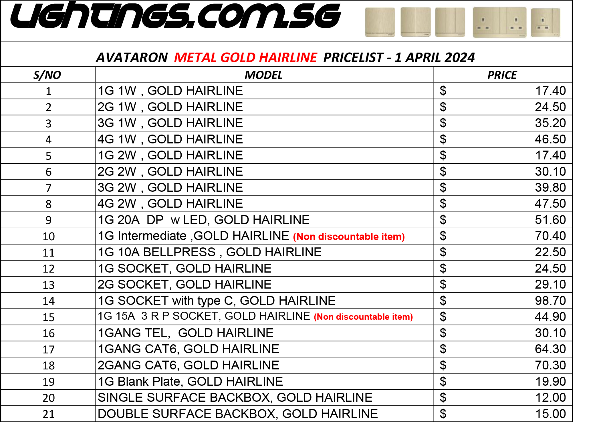 AVATARON METAL GOLD HAIRLINE  PRICELIST 1 APRIL 2024